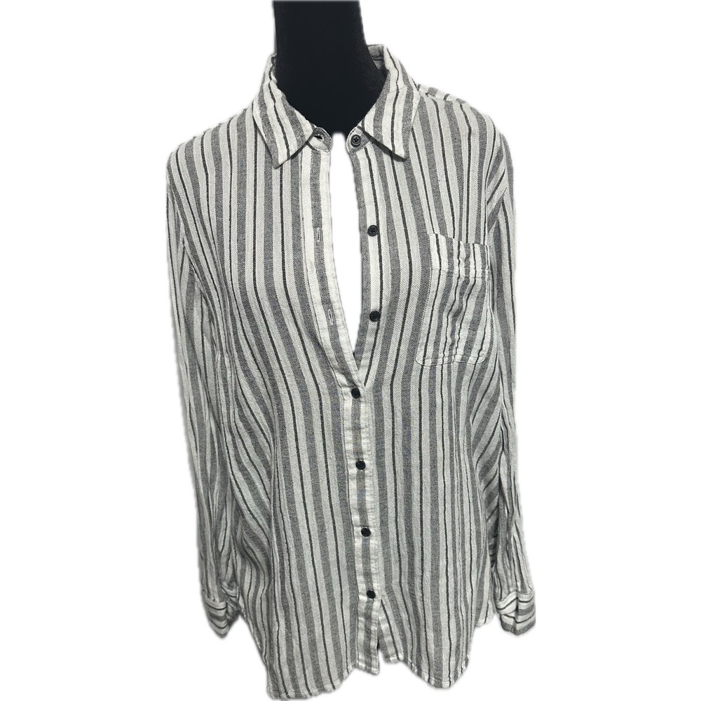 Lucky Brand Women's M Black Striped Long‎ Sleeve Button-Up Shirt with Pocket